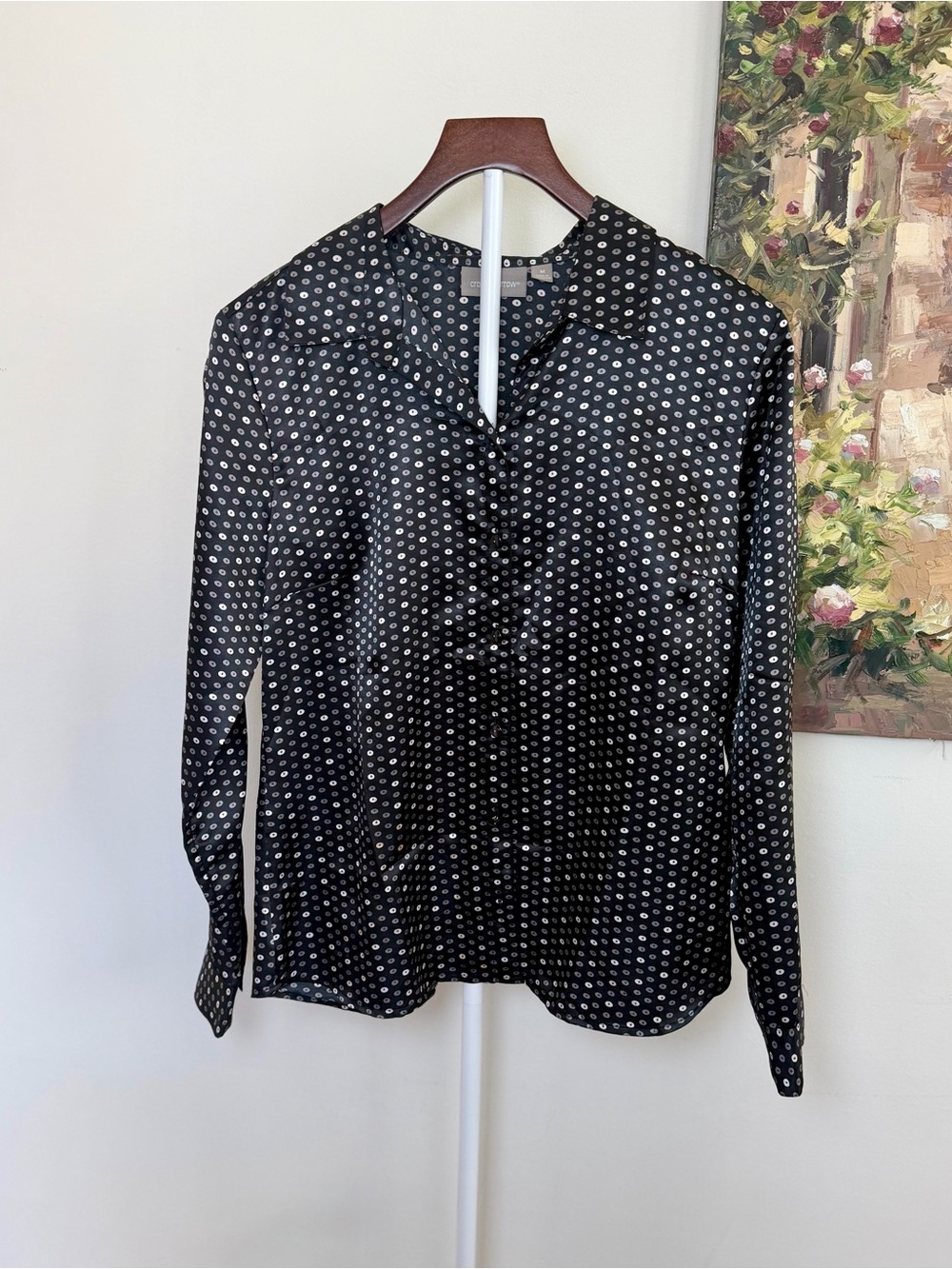 Croft & Barrow Black Satin Geometric Button-Down Blouse Medium